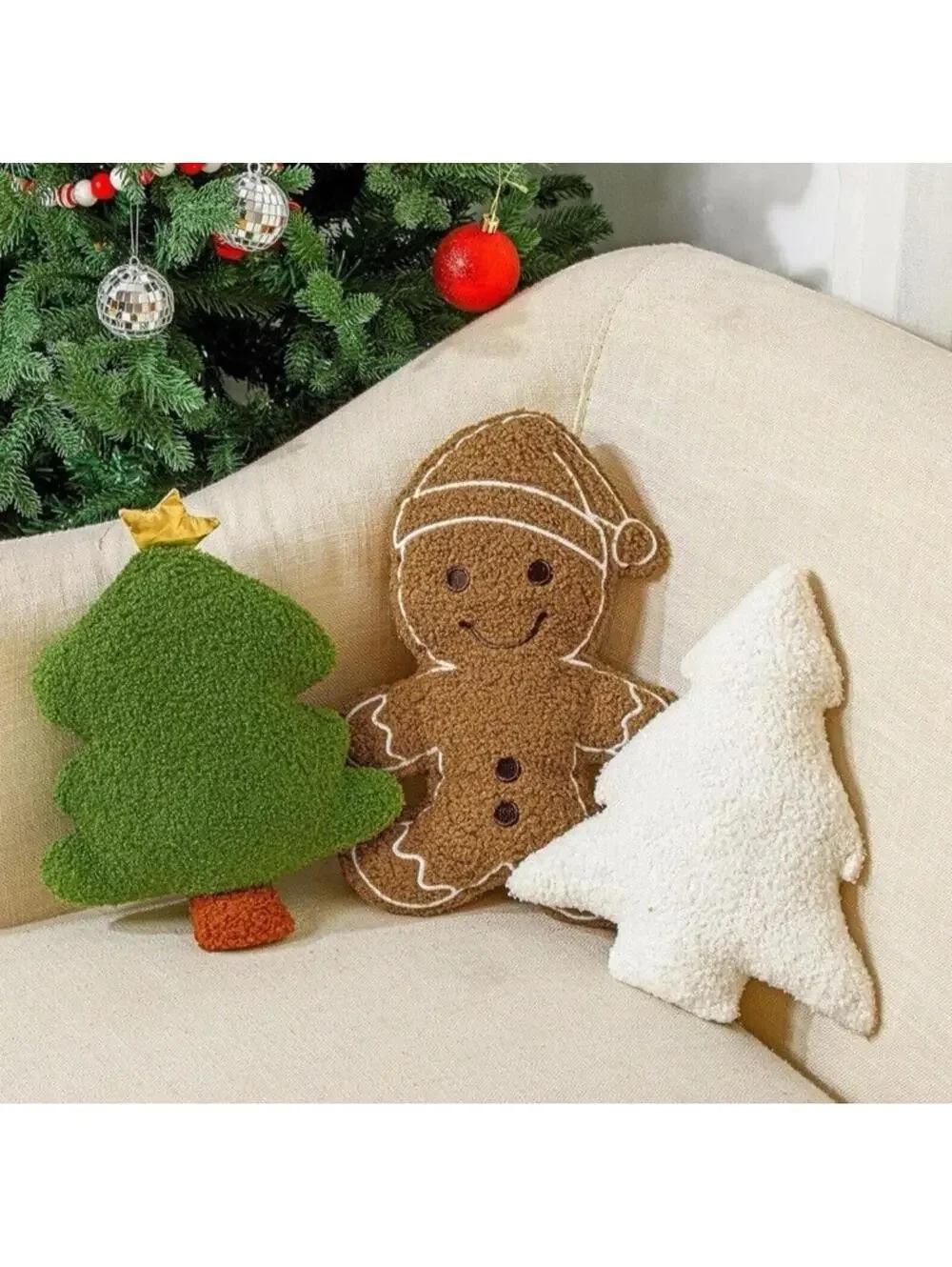3pc Christmas Plush Throw Pillow Set Gingerbread Man Green White Trees Soft New